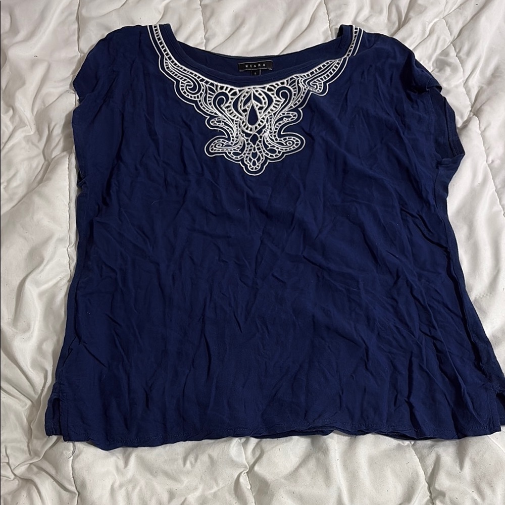Kiara Blue Embellished Blouse with White Accents
